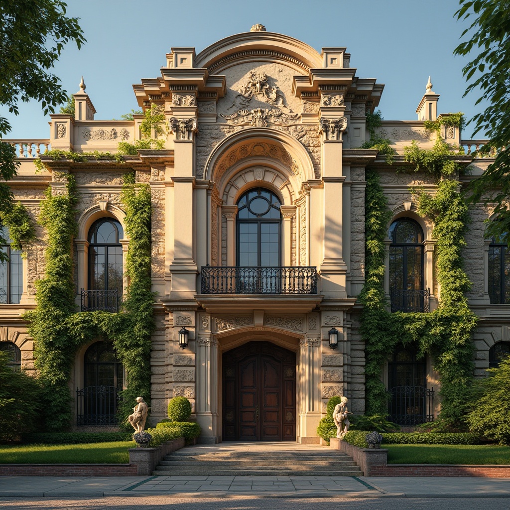 Prompt: Majestic building facade, modern masonry materials, mixed stone and brick texture, intricate architectural details, grand entrance with arched windows, ornate doorways, climbing vines on walls, lush greenery surroundings, afternoon warm sunlight casting long shadows, dramatic 3/4 composition, high-contrast HDR lighting.