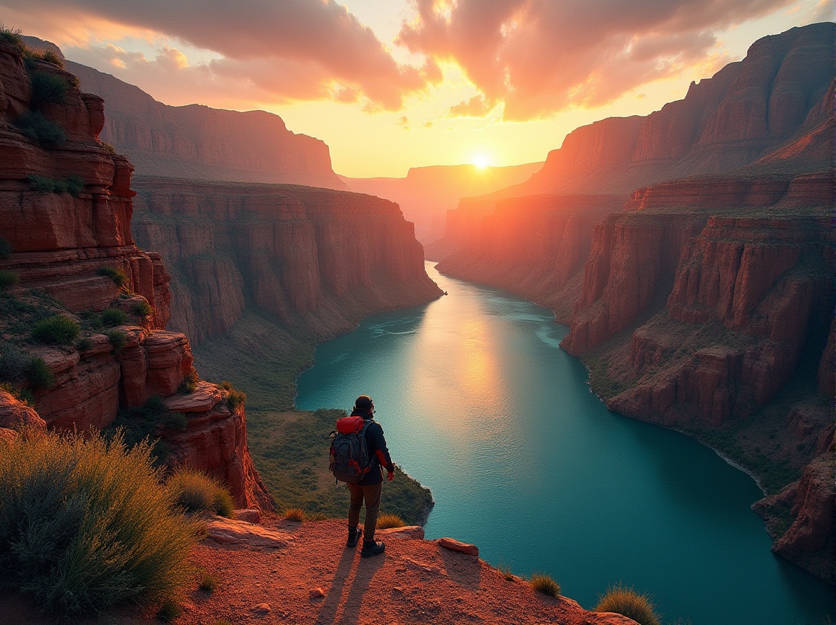 Prompt: Grand canyon landscape, majestic rocky cliffs, vibrant turquoise water, dramatic sunset sky, warm golden light, intricate rock formations, lush green vegetation, winding river path, solo figure, explorer, backpack, hiking boots, adventurous pose, dynamic composition, atmospheric perspective, cinematic lighting, high contrast, natural textures, earthy tones.