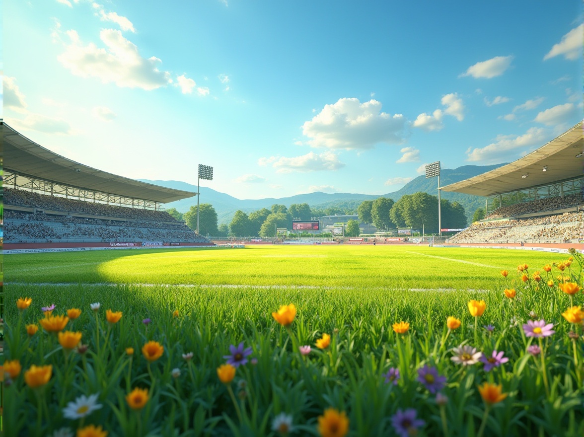 Prompt: Sports stadium, meadow-like environment, lush green grass, vibrant wildflowers in bloom, gentle hills, sunny afternoon, clear blue sky with few white clouds, warm soft lighting, natural ambiance, athletic track, modern sports equipment, scoreboard, stands, cheering crowd, energetic atmosphere, dynamic composition, shallow depth of field, bright vivid colors, 3/4 camera angle.