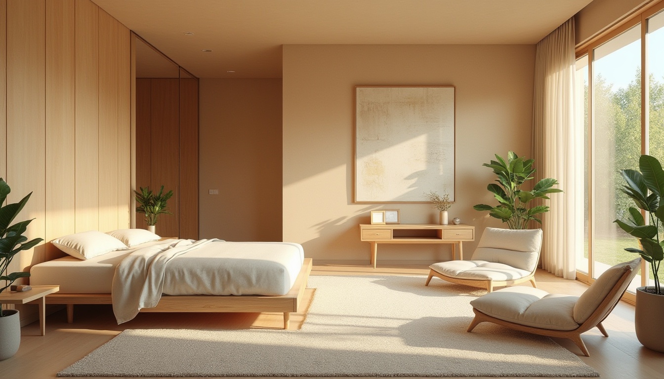 Prompt: Modern student halls, sand-colored walls, minimalist design, natural texture, rough surface, warm beige tone, wooden furniture, simple bedframe, soft cushions, cozy atmosphere, large windows, abundant natural light, green plants, vibrant colors, lively vibe, youthful energy, panoramic view, 3/4 composition, soft focus, cinematic lighting.