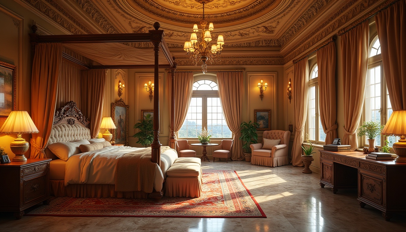 Prompt: Byzantine style dorm, luxurious functional space, ornate gold accents, intricate mosaics, vaulted ceiling, grand chandelier, marble floors, lavish furnishings, plush area rug, majestic four-poster bed, carved wooden desk, velvet drapes, warm softbox lighting, 3/4 composition, symmetrical layout, warm beige walls, ornate mirrors, elegant floor lamps, richly textured upholstery, cozy reading nook, panoramic view of campus, morning sunlight filtering through stained glass windows.