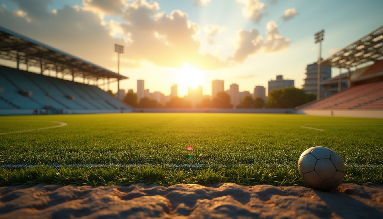 Prompt: Sandstone sports field, sunset, warm lighting, natural texture, rough stone surface, vibrant green grass, soccer ball, athletic track, stadium seating, modern architecture, geometric structure, urban landscape, cityscape background, panoramic view, shallow depth of field, realistic rendering, ambient Occlusion, high dynamic range.