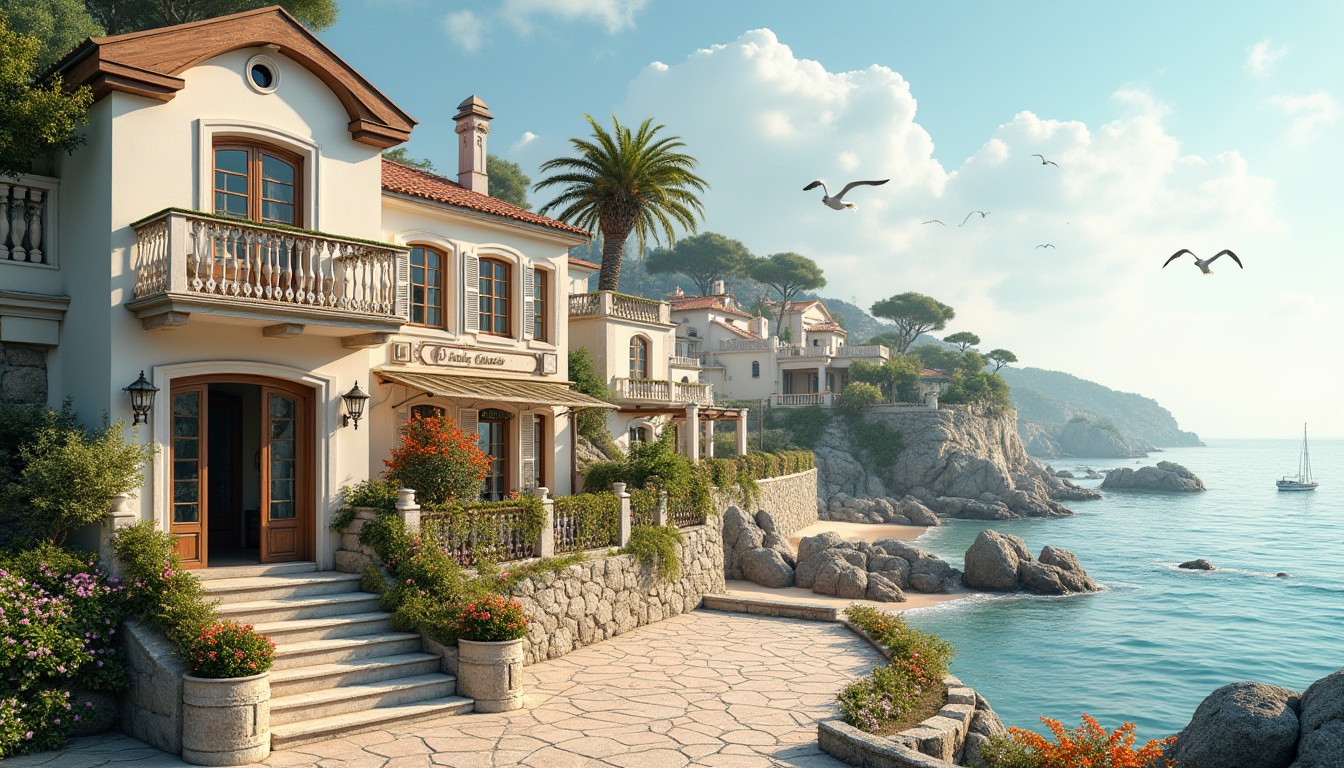 Prompt: Coastal social housing, classicism style, seaside town, European-inspired architecture, symmetrical facade, ornate details, cream-colored walls, sloping roof, wooden shutters, porthole windows, elegant entrance, stone steps, lush greenery, vibrant flowers, tranquil atmosphere, morning sunlight, gentle sea breeze, sound of seagulls, distant sailboats, sandy beach, rocky shores, panoramic view, 3/4 composition, soft lighting, warm color tone.