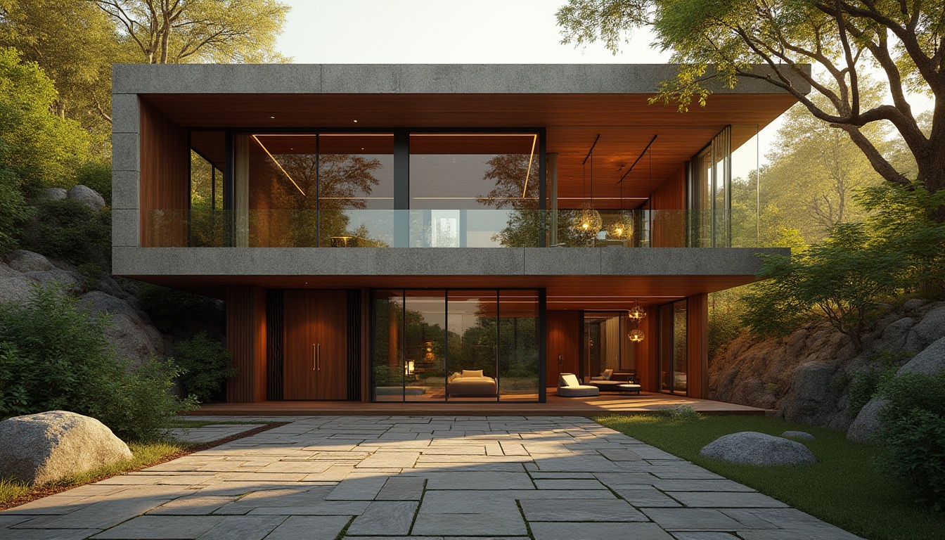 Prompt: Brown color palette, modern architecture, luxurious villa, large windows, wooden accents, stone walls, greenery surroundings, natural lighting, 3/4 composition, warm ambient light, earthy tone, depth of field, realistic, cinematic, afternoon sun, soft shadows, subtle texture, rugged structure.