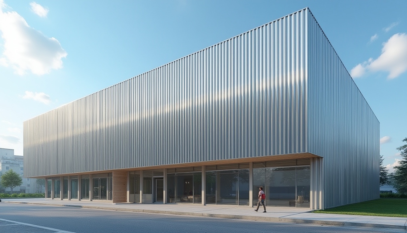 Prompt: Modern school design, corrugated metal, building exterior, silver-gray color, metallic texture, vertical wavy pattern, industrial style, urban background, cityscape, blue sky, few white clouds, natural light, 3/4 composition, medium shot, architectural photography, high dynamic range, shallow depth of field.