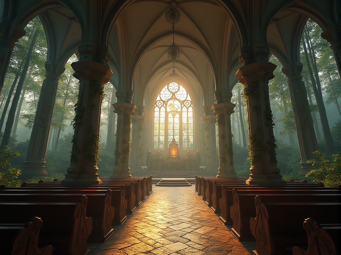 Prompt: Church, stained glass windows, grandeur, high ceilings, intricate stone carvings, wooden pews, natural lighting, leaf-inspired columns, vine-covered archways, flower-patterned flooring, moss-covered stones, serene ambiance, forest surroundings, tall trees, misty atmosphere, soft fog, warm sunlight filtering through foliage, peaceful atmosphere, 3/4 composition, panoramic view, cinematic lighting.