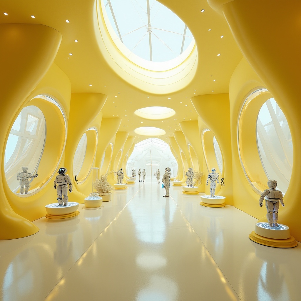 Prompt: Light yellow walls, science center, futuristic interior design, minimalistic, modern, clean lines, geometric shapes, interactive exhibits, spherical robots, holographic displays, sleek metal railings, glass partitions, LED lighting, ambient glow, calm atmosphere, 3/4 composition, panoramic view, soft focus background.