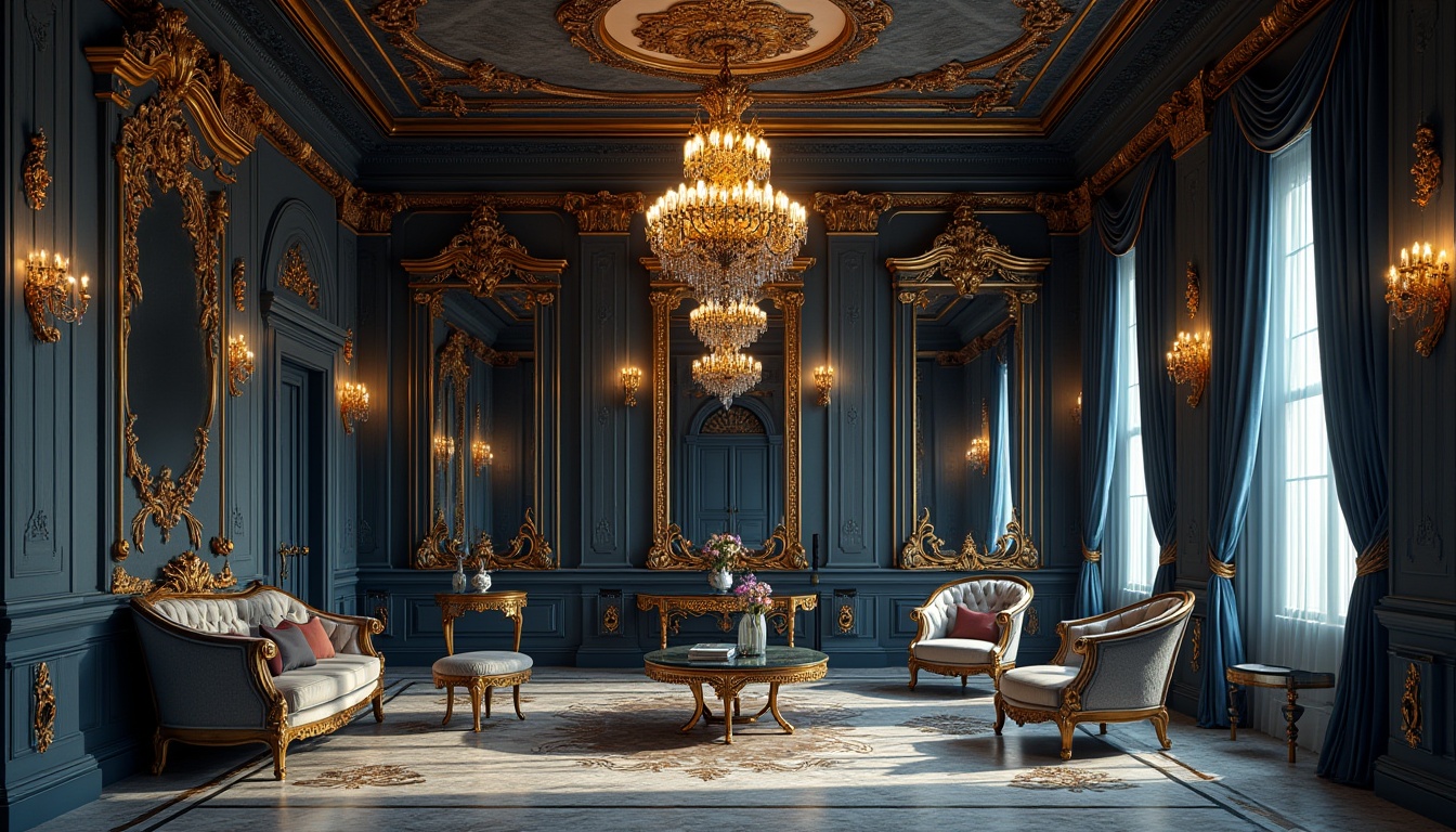 Prompt: Baroque style interior, navy blue walls, gold leaf ornaments, intricate carvings, grand chandelier, velvet drapes, ornate furniture, luxurious atmosphere, rich texture, dramatic lighting, warm colors, regal ambiance, high ceiling, marble floor, majestic columns, ornate mirrors, lavish decoration, 3/4 composition, soft focus, cinematic mood.