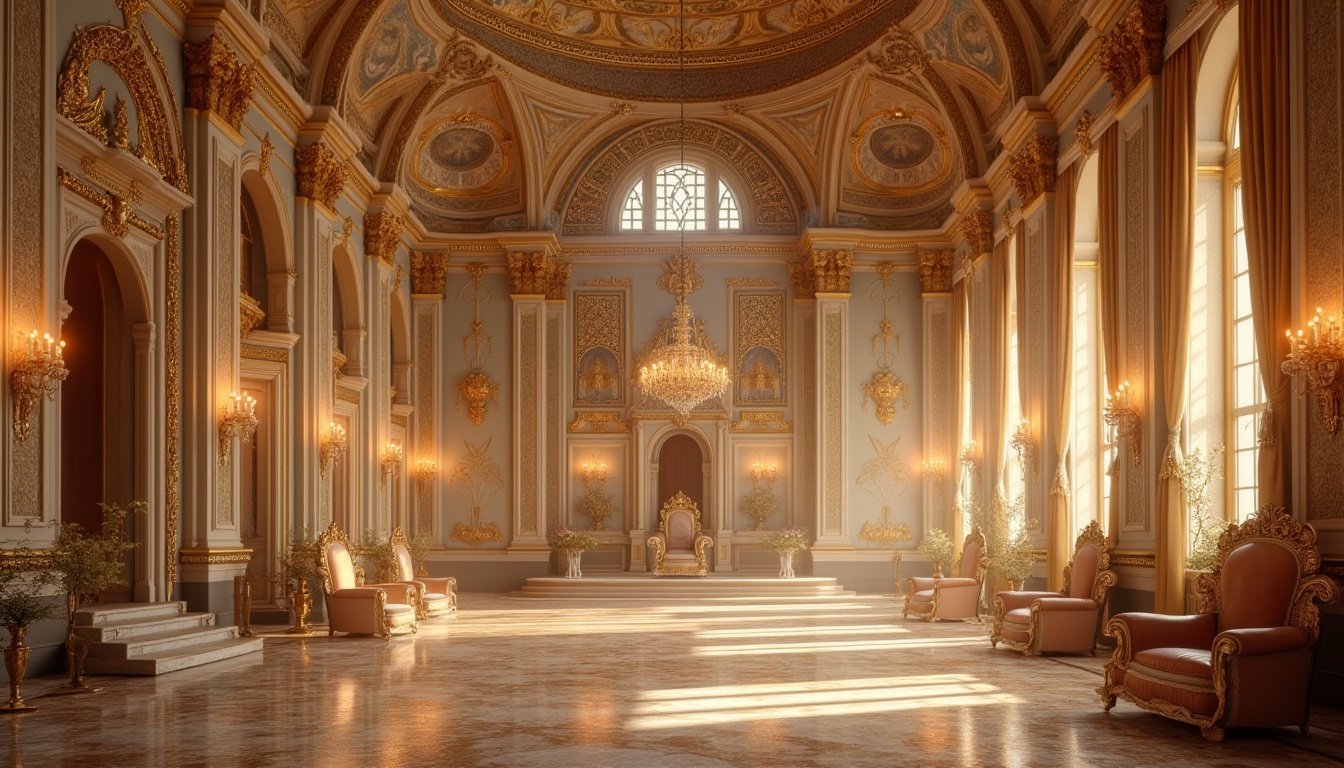 Prompt: Byzantine architecture, cream color walls, golden domes, intricate mosaics, ornate columns, grand archways, luxurious velvet drapes, regal throne, opulent chandeliers, lavish furnishings, warm candlelight, soft focus, shallow depth of field, atmospheric perspective, majestic composition, Renaissance-era inspired.