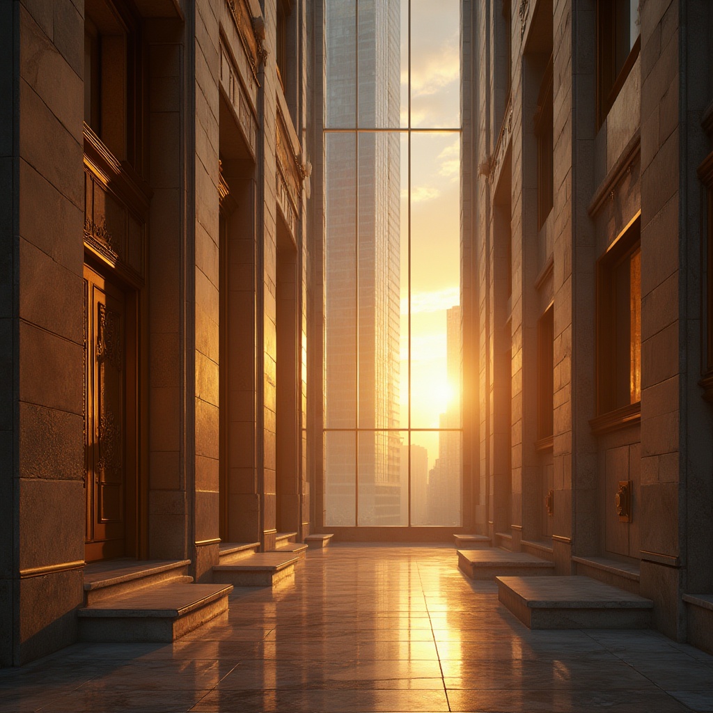 Prompt: Bronze colored building, luxurious modern architecture, skyscraper, cityscape, sunset, warm golden light, metallic reflections, detailed stone walls, ornate bronze door handles, grand entrance, stairs, glass ceiling, high-rise, urban landscape, misty atmosphere, dramatic backlight, low-angle shot, cinematic composition, depth of field, realistic, ambient light.