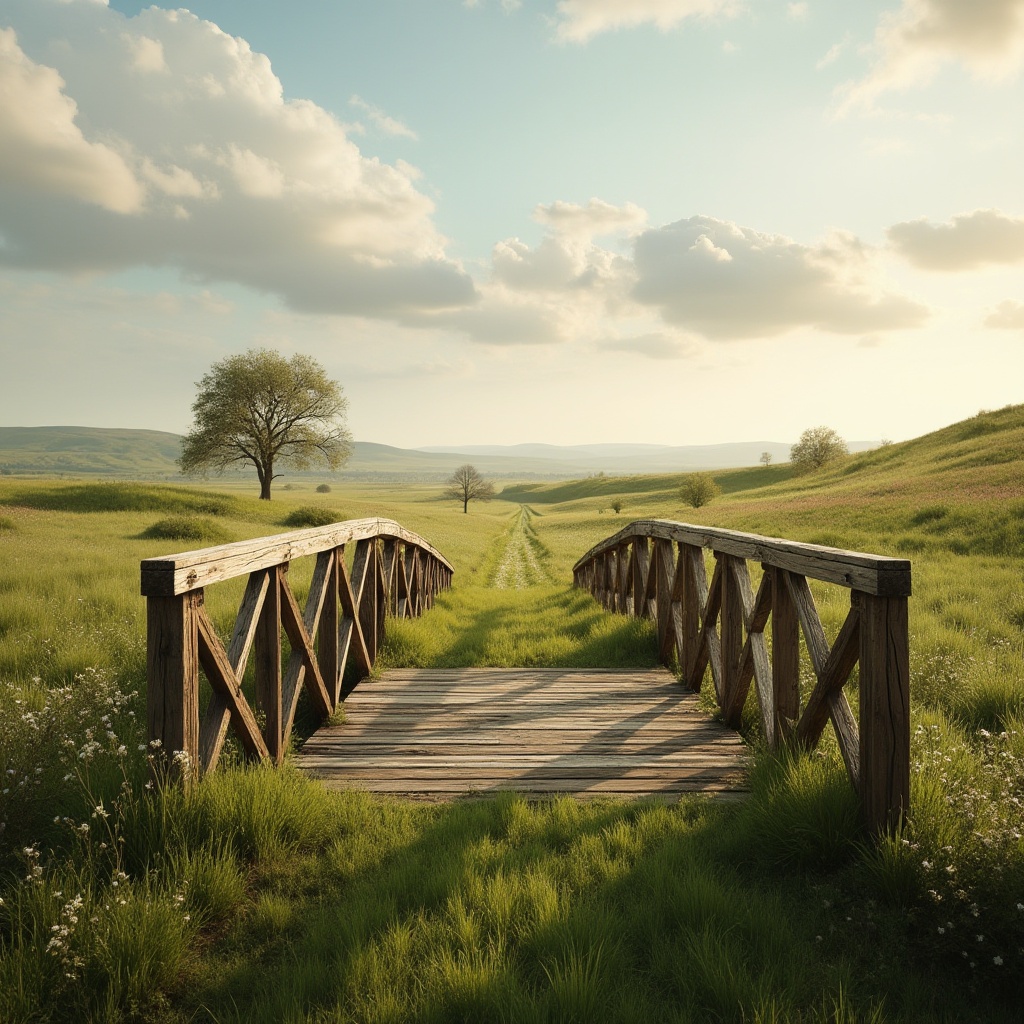 Prompt: Grassland bridge, gentle slope, wooden railings, steel beams, natural wood texture, rustic style, rural landscape, vast open plains, wildflowers blooming, few trees scattered, sunny day, soft warm lighting, dramatic clouds, 3/4 composition, panoramic view, depth of field, cinematic mood, serene atmosphere, peaceful ambiance.