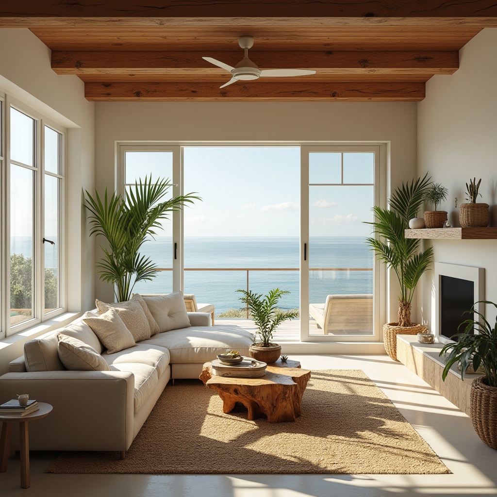 Prompt: Beach loft, vernacular architecture, modern coastal dwelling, open concept living room, wooden beam ceiling, white stucco walls, large windows, sliding glass doors, ocean view, beachy chic decor, driftwood coffee table, plush sectional sofa, woven jute rug, natural fiber upholstery, potted palm trees, tropical plants, warm wood accents, reclaimed wood shelving, nautical rope details, soft creamy lighting, airy atmosphere, sunny morning, sea breeze, sound of waves.