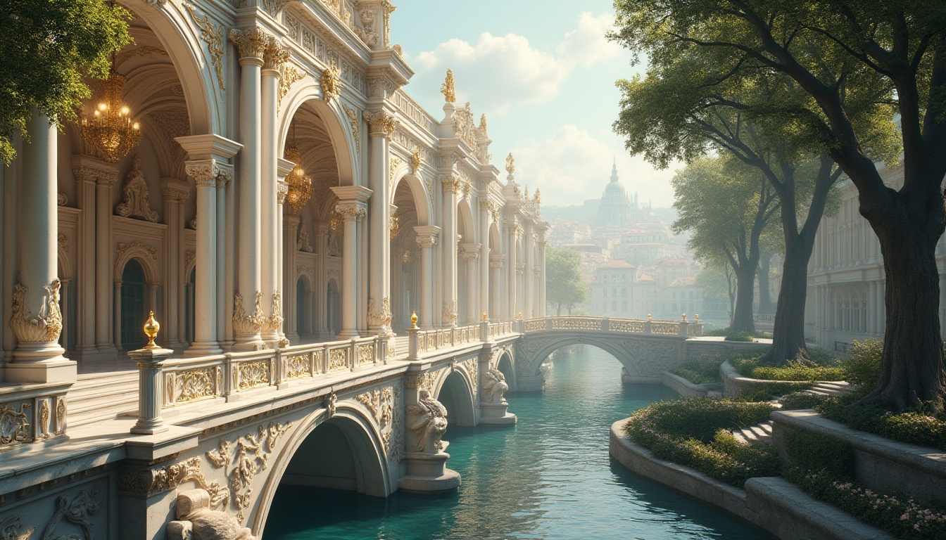 Prompt: Grand, ornate bridge, Baroque style, intricate carvings, golden decorations, white marble pillars, sweeping arches, dramatic curves, luxurious chandeliers, soft, warm lighting, misty atmosphere, serene river flowing beneath, lush greenery surrounding, majestic cityscape in the distance, 3/4 composition, cinematic angle, high contrast, rich textures.