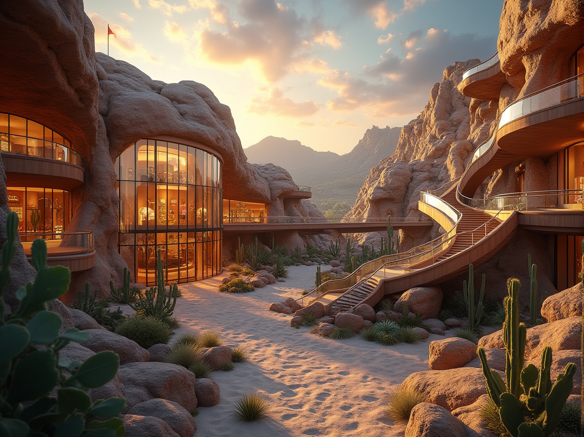 Prompt: Science center, futuristic architecture, integrating natural canyon elements, curved glass walls, steel beams, rocky outcrops, desert plants, cacti, sandy terrain, wooden accents, educational displays, interactive exhibits, spiral staircase, panoramic views, sunset lighting, warm ambient glow, 3/4 composition, shallow depth of field, cinematic atmosphere.