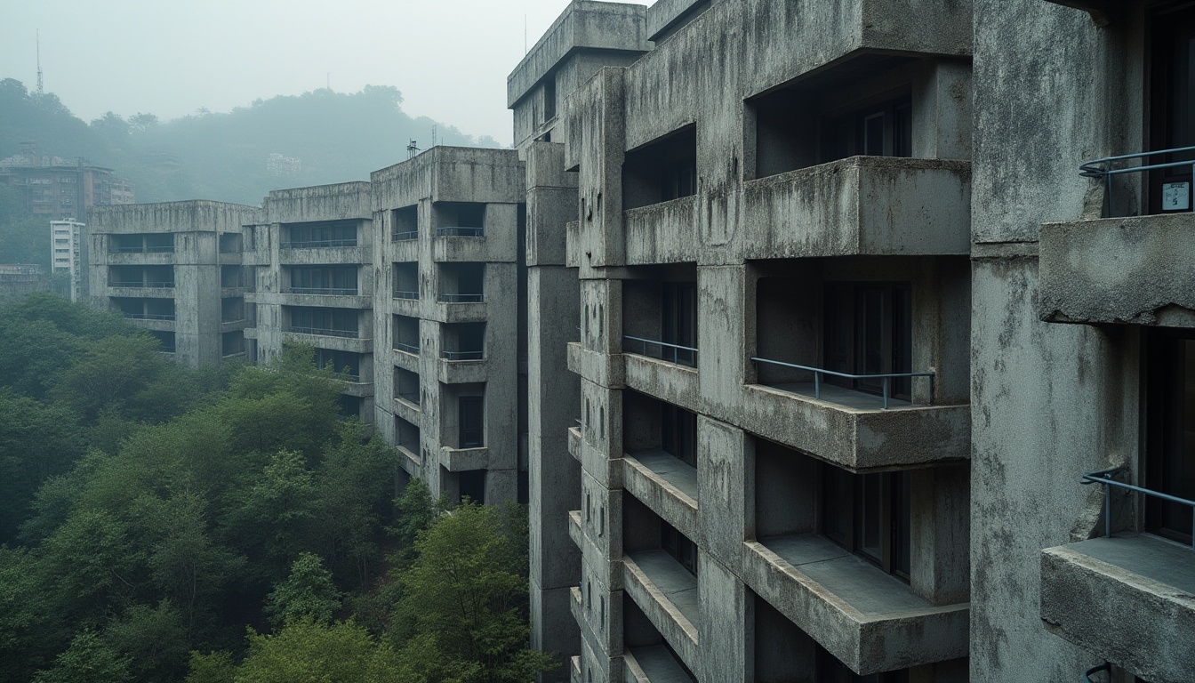 Prompt: Brutalist architecture, residential building, rugged concrete texture, fortress-like structure, angular shapes, fortress windows, narrow balconies, urban jungle setting, overcast sky, dramatic shadows, low-key lighting, cinematic composition, 3/4 view, symmetrical framing, brutalist interior, raw concrete walls, industrial pipes, minimalist decor, functional furniture, cold tone color palette.