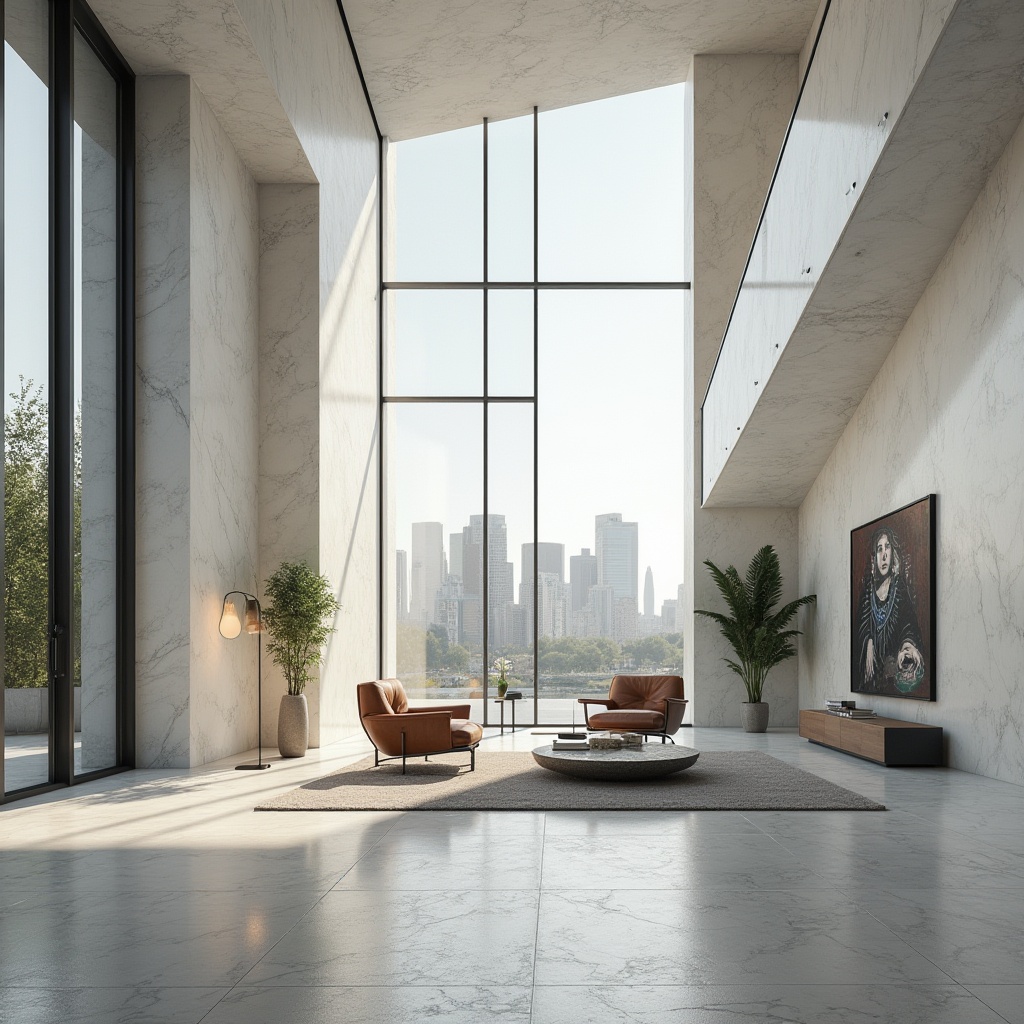 Prompt: Bauhaus style, modern architecture, white marble walls, geometric shapes, minimalist decor, sleek lines, industrial chic, luxurious ambiance, high ceilings, large windows, natural light, urban setting, cityscape view, 3/4 composition, low-angle shot, dramatic lighting, atmospheric perspective, stone floor, metal accents, leather furniture, greenery, abstract artwork.