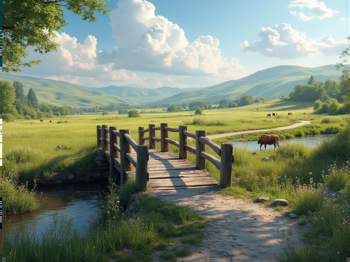 Prompt: Rustic wooden bridge, gentle slope, curved railings, worn stone foundation, meandering river, serene grassland, sunny afternoon, soft greenery, wildflowers blooming, few cows grazing nearby, distant rolling hills, blue sky with puffy white clouds, warm natural light, 3/4 composition, shallow depth of field.