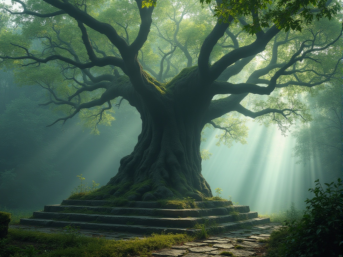 Prompt: Monument design, ancient tree, forest spirit, mysterious atmosphere, misty surroundings, foggy morning, sunbeams filtering through leaves, vibrant green foliage, twisted branches, carved stone monument, intricate details, moss-covered surface, natural material texture, earthy color tone, serene ambiance, panoramic view, low-angle shot, cinematic composition.