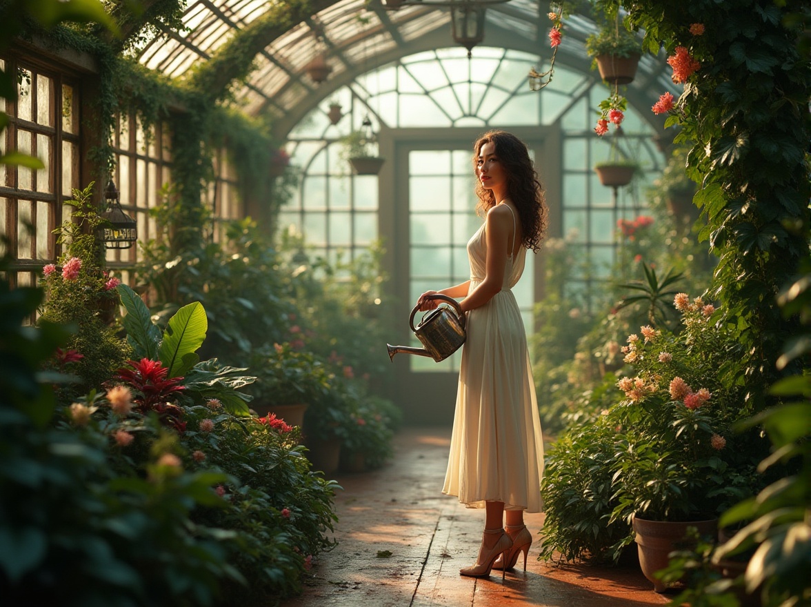 Prompt: Exotic greenhouse, lush greenery, tropical plants, vines crawling up walls, intricate wooden framework, stained glass ceiling, warm soft lighting, misty atmosphere, mature lady, 30yo, curly brown hair, elegant makeup, flowing white dress, high heels, holding a watering can, gentle smile, standing amidst foliage, surrounded by flowers, panoramic view, 3/4 composition, realistic texture, ambient light, cinematic mood.