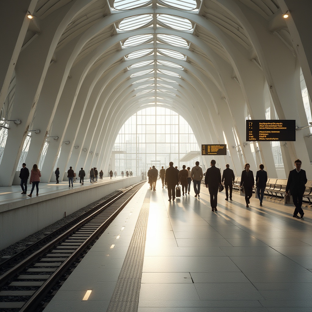 Prompt: Modern train station, sleek architecture, white plaster walls, large glass windows, natural light pouring in, high ceilings, minimalist design, steel beams, industrial chic, urban atmosphere, busy commuters walking, rushing to platforms, electronic departure boards, modern benches, steel pillars, intricate details, spotlights shining down, warm beige tones, 3/4 composition, low-angle shot, dramatic lighting.