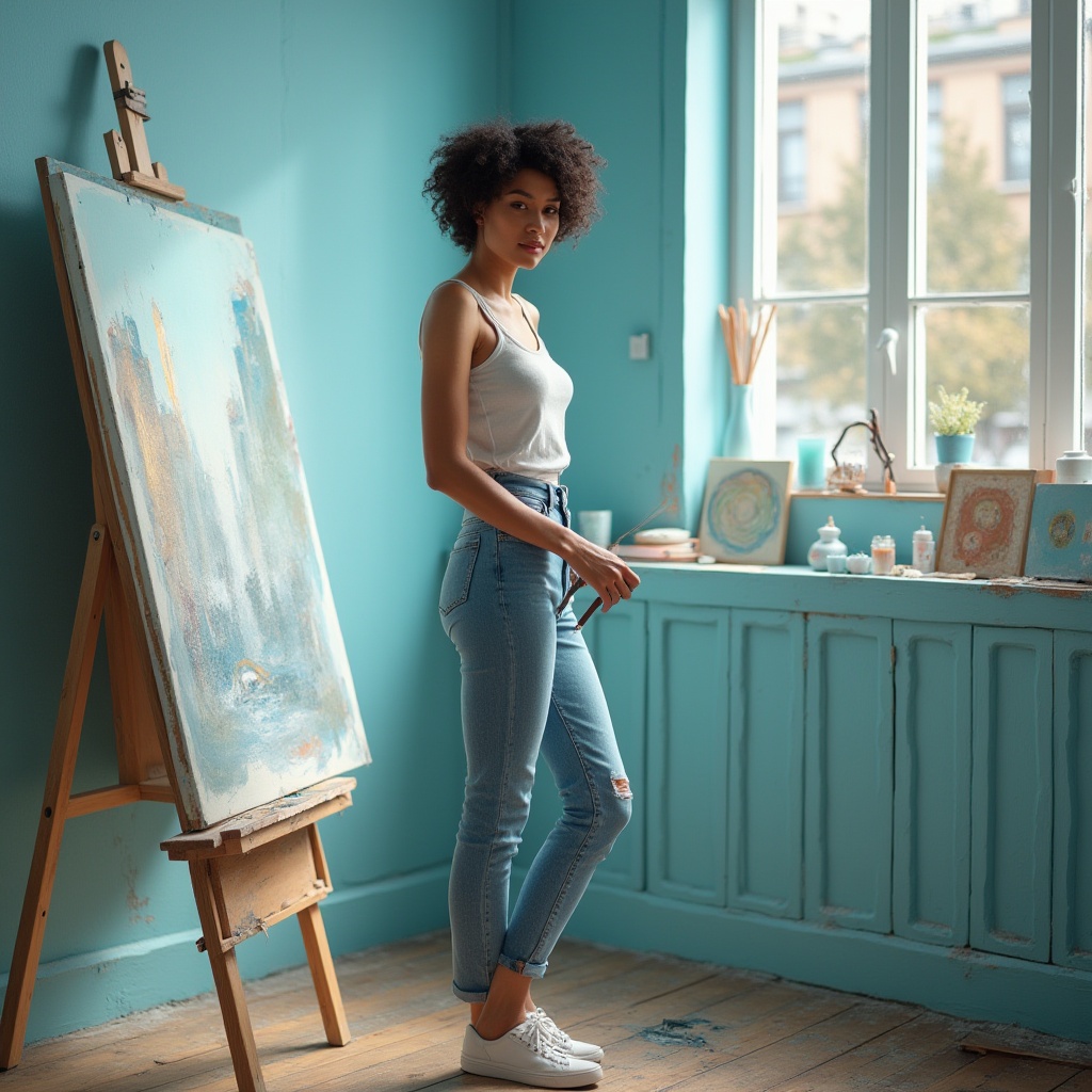 Prompt: powder blue walls, modern art gallery, solo female artist, 25yo, short curly hair, minimal makeup, white tank top, high-waisted jeans, sneakers, holding a paintbrush, standing, near an easel, abstract artwork, powder blue accents, wooden floor, natural light, large windows, urban cityscape outside, 3/4 composition, soft focus, warm lighting, bohemian style.