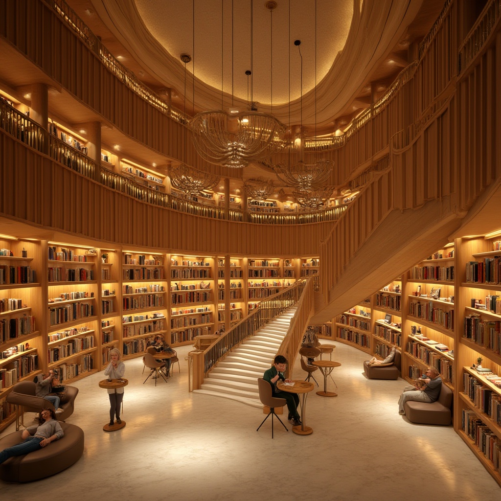 Prompt: Golden color, luxurious atmosphere, modern library interior, comfortable seating area, warm lighting, wooden shelves, rows of books, gentle curves, soft cushions, marble flooring, elegant chandeliers, grand staircase, panoramic view, 3/4 composition, shallow depth of field, warm and inviting ambiance.