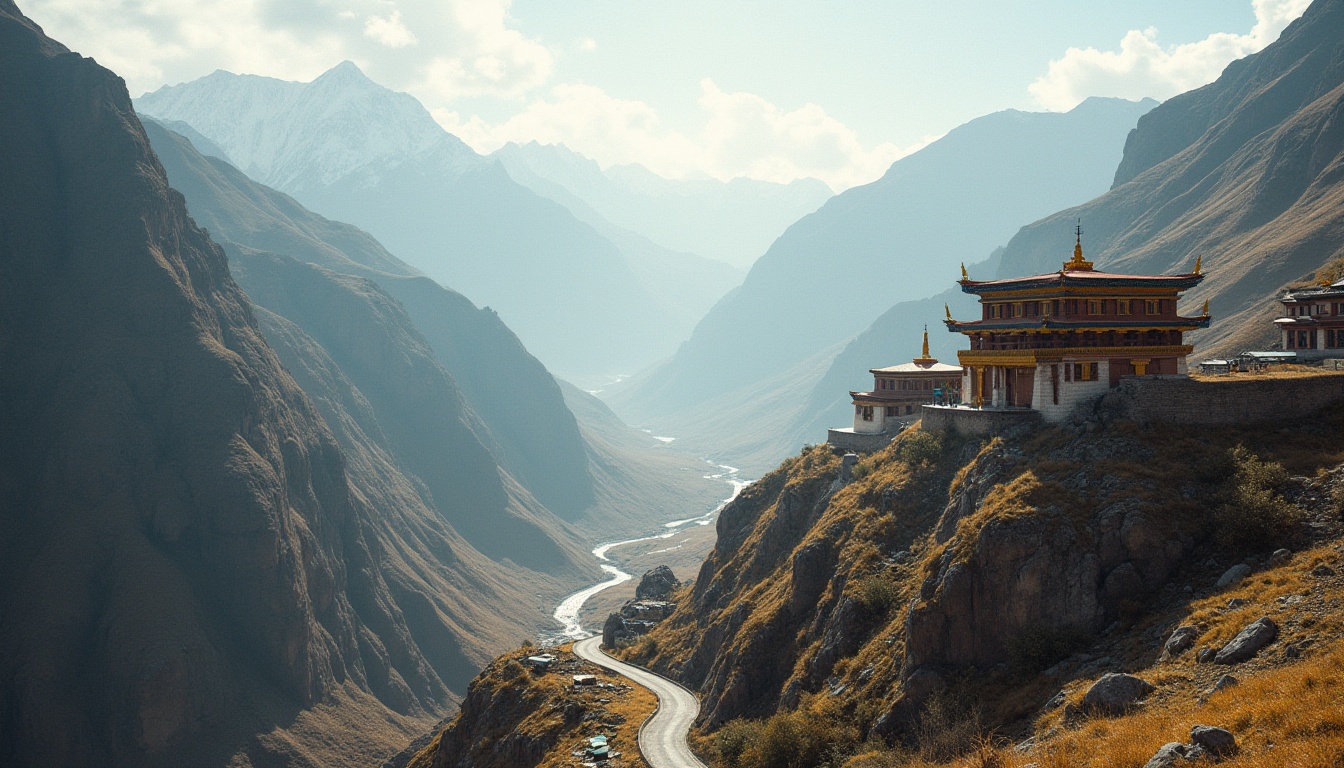 Prompt: Plateau regions, mountainous terrain, rugged landscape, sparse vegetation, unique architecture, Tibetan style, traditional houses, prayer flags, winding roads, steep cliffs, misty atmosphere, soft lighting, cinematic composition, 3/4 view, distant mountains, serene backdrop, warm color tone.