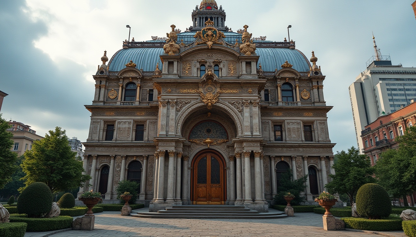 Prompt: Modern Renaissance building, grandiose exterior, ornate facade, galvanized steel framework, intricate metalwork details, rust-resistant coating, industrial chic, urban cityscape, cloudy afternoon, warm softbox lighting, 3/4 composition, high-angle shot, ornate stone carvings, Romanesque columns, grand entrance, polished bronze door handles, lush greenery surrounding the building.