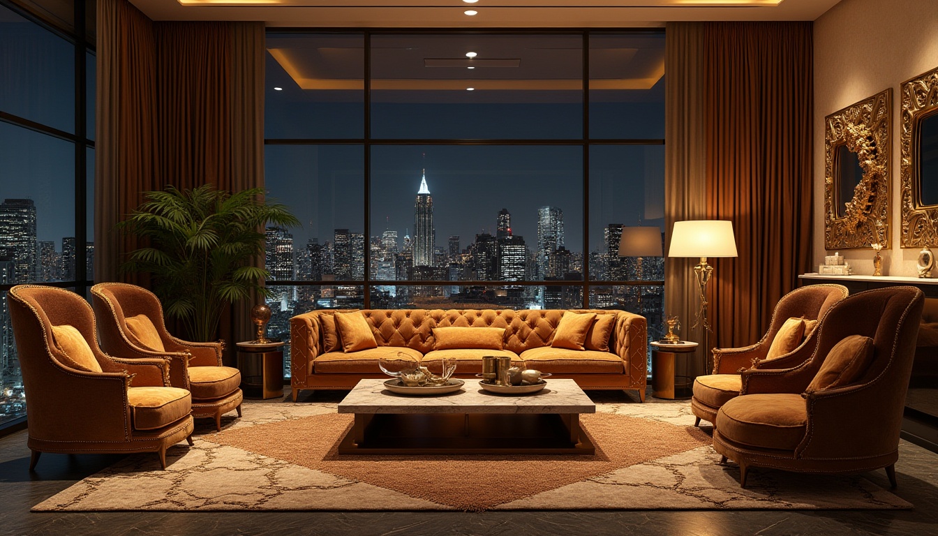 Prompt: Luxurious living room, Art Deco style, golden metallic accents, geometric patterns, velvet sofa, marble coffee table, ornate mirror frames, high ceiling, large windows, city skyline view, nighttime, softbox lighting, 3/4 composition, cinematic mood, luxurious fabrics, bold colors, vintage decorative items.