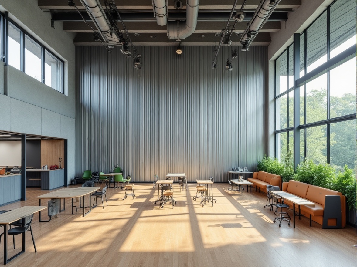 Prompt: Modern school building, corrugated metal wall, silver gray color, vertical installation, clean lines, minimalist design, large glass windows, natural light, open spaces, collaborative learning area, wooden floors, ergonomic chairs, green plants, industrial style lighting fixtures, exposed ductwork, high ceiling, panoramic view, 3/4 composition, softbox lighting.