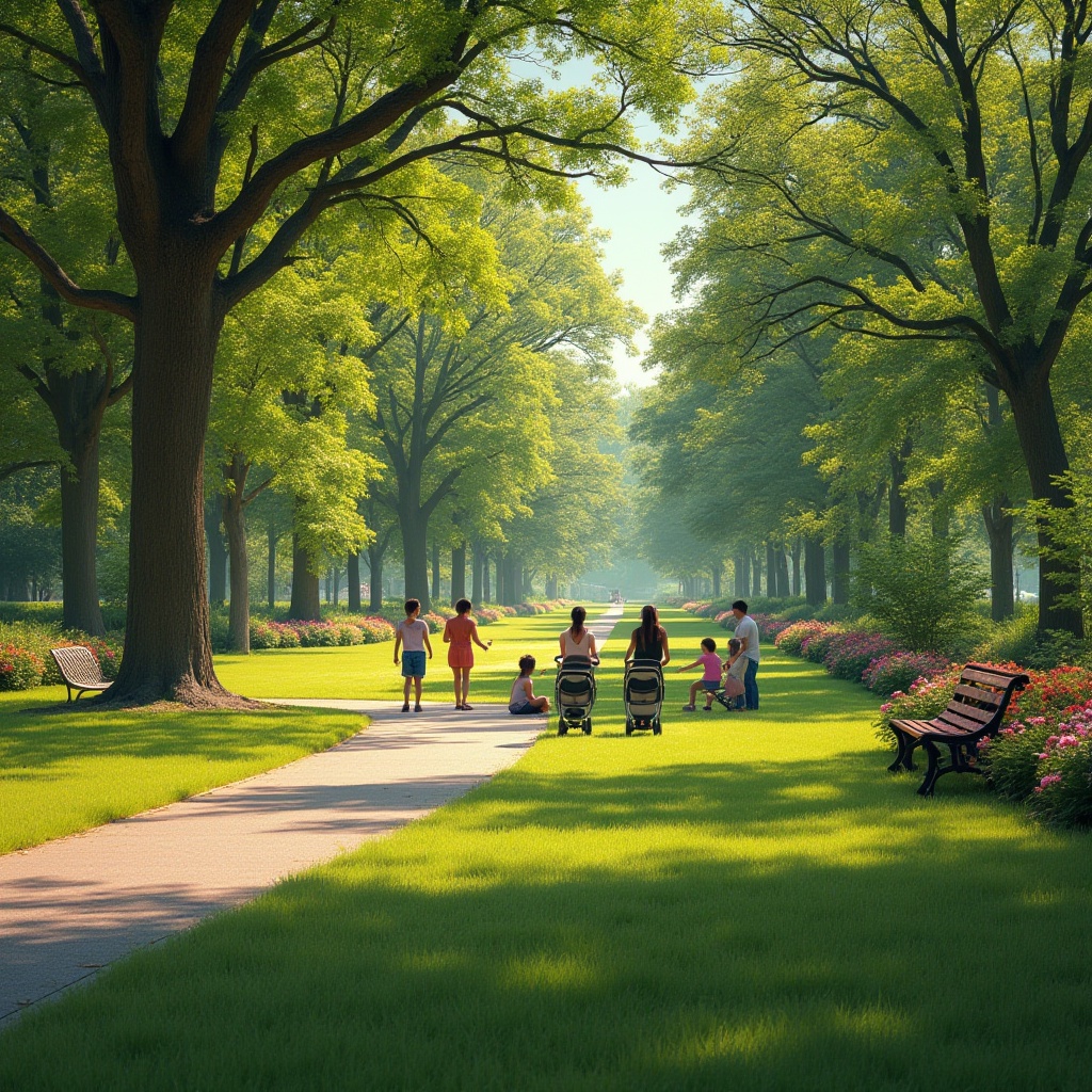 Prompt: Vibrant Gainsboro color, park scenery, sunny day, lush green grass, tall trees with intricate branches, children playing tag, mothers pushing strollers, couples having picnics, colorful flowers blooming around the walking paths, wooden benches, tranquil atmosphere, soft warm lighting, gentle breeze, panoramic view, 3/4 composition.