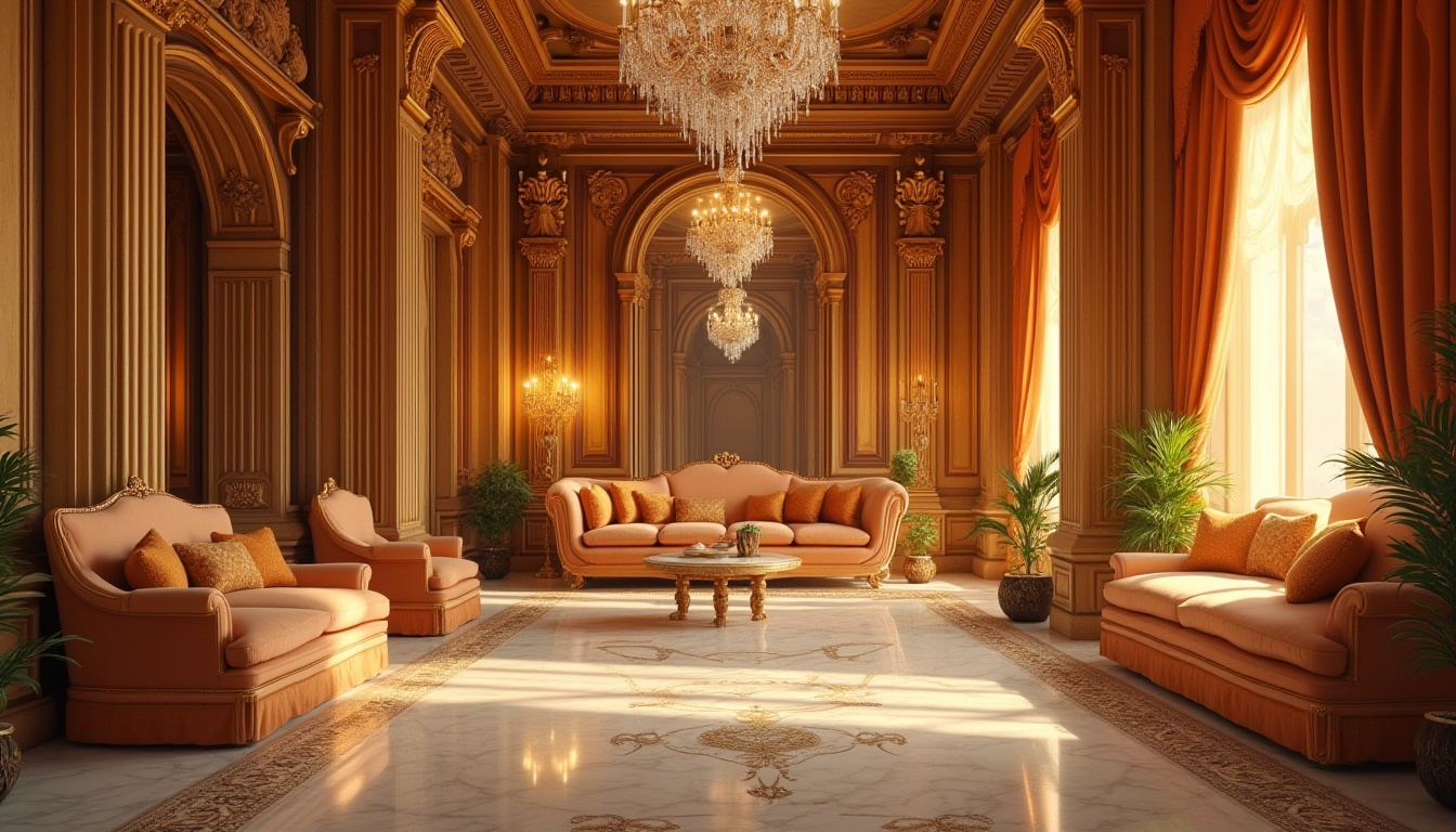 Prompt: Luxurious golden color, ornate decoration, intricate patterns, velvet texture, lavish atmosphere, grandeur interior, luxurious furniture, marble flooring, crystal chandelier, warm ambient lighting, soft focus, shallow depth of field, 3/4 composition, Renaissance-style architecture, palace background, regal ambiance.