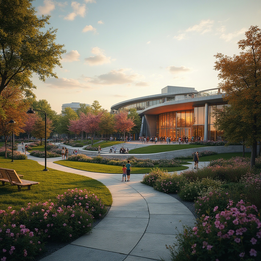 Prompt: Suburban landscape, integrating performing arts center, modern architecture, curved lines, glass facade, steel structure, vibrant color scheme, outdoor amphitheater, lush greenery, blooming flowers, walking path, benches, people strolling, children playing, sunset time, warm soft lighting, 3/4 composition, shallow depth of field, cinematic atmosphere, community gathering, cultural events.