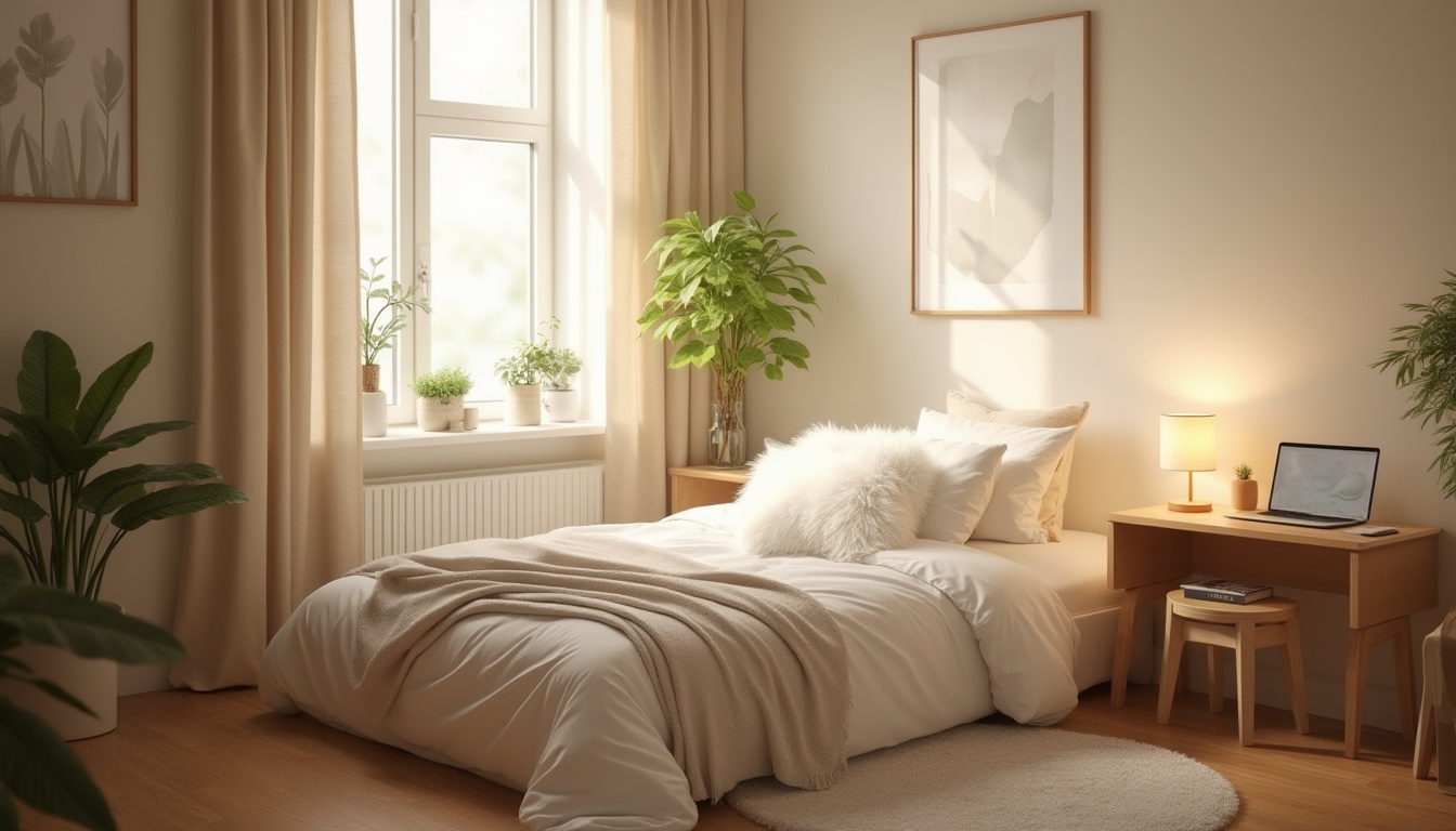 Prompt: Cozy dorm room, beige color palette, soft warm lighting, comfortable furniture, single bed with fluffy white pillows, beige curtains, wooden desk with laptop, minimalist decorations, potted plants, calm atmosphere, Scandinavian style, soft focus, warm tone, 3/4 composition, natural texture, gentle shadows.