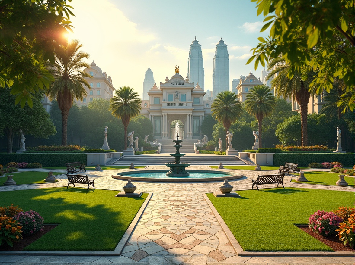 Prompt: Art Deco park, sunny afternoon, lush green grass, vibrant flower beds, geometric patterned walkways, ornate metal benches, grand fountain, sculptured stone statues, symmetrical layout, elegant lamp posts, curved staircases, luxurious villas surrounding the park, majestic skyscrapers in the distant background, warm natural light, soft focus, cinematic composition, 3/4 view, detailed textures.