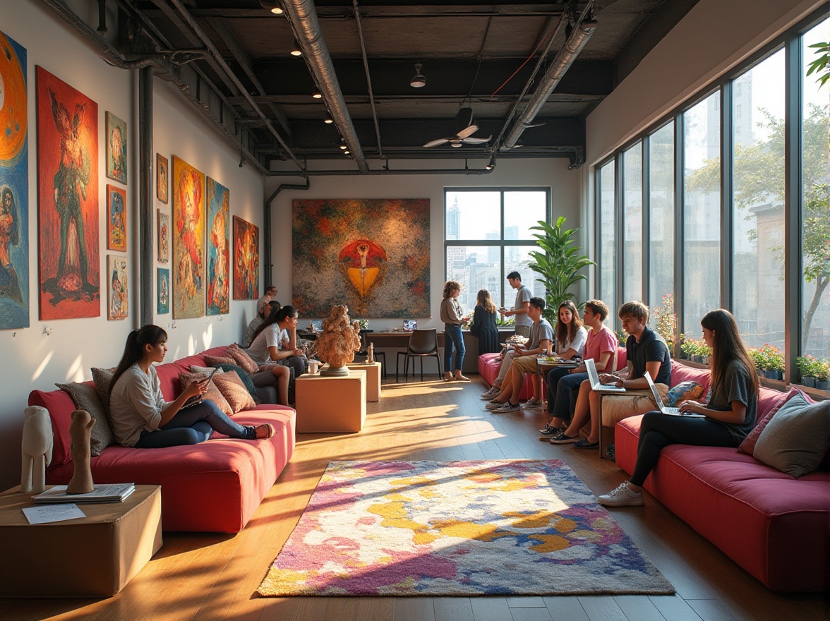 Prompt: Vibrant youth center interior, showcasing local artists' work, colorful paintings on walls, eclectic mix of artwork, sculptures on pedestals, wooden floors, modern track lighting, comfortable seating area, puffy couches, abstract rugs, urban industrial architecture, large windows, natural light pouring in, cityscape views, young adults socializing, laptops and sketchbooks scattered, creative energy, dynamic composition, softbox lighting, warm atmosphere.