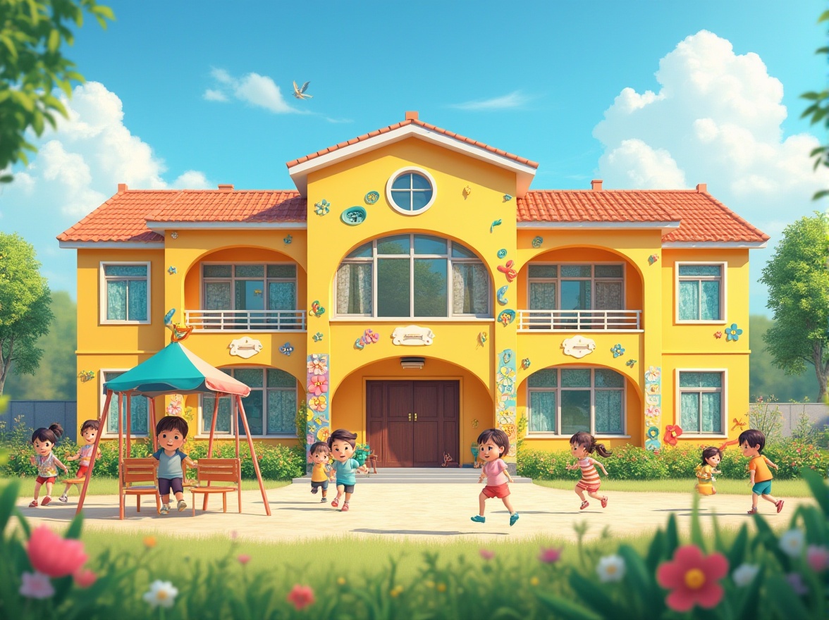 Prompt: Colorful kindergarten building, regionalism style, bright yellow walls, rounded corners, large windows, flower-patterned curtains, playful roof design, outdoor playground, jungle gym, swings, slides, sandbox, vibrant murals, educational signs, alphabet letters, number lines, cheerful children playing, running, laughing, teachers watching, sunny day, clear blue sky, fluffy white clouds, green grass, blooming flowers, warm lighting, soft focus, shallow depth of field.