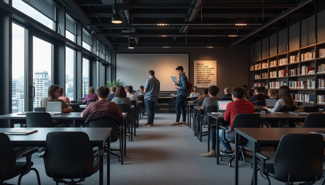 Prompt: Dark gray educational space, modern minimalist interior design, 3/4 composition, low-angle shot, warm softbox lighting, rows of dark gray study tables, ergonomic chairs, built-in shelves with textbooks, sleek metal legs, rounded edges, subtle gradient effect on walls, floor-to-ceiling windows with cityscape view, inspirational quotes in bold white font, motivational posters, students interacting, laptops open, note-taking, focused expressions, casual wear, backpacks hung, subtle texture on carpeted floor, ambient sound of soft chatter.