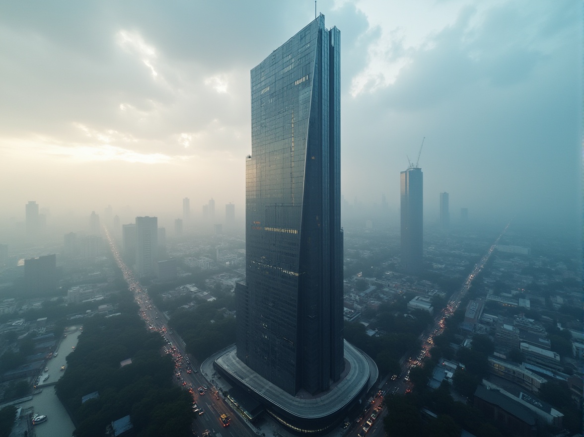 Prompt: Modern skyscraper, watching towers, dark gray color, sleek metal exterior, glass windows, angular architecture, urban landscape, cityscape, misty morning atmosphere, soft lighting, panoramic view, dramatic clouds, busy streets, people in distance, blurred motion, shallow depth of field.