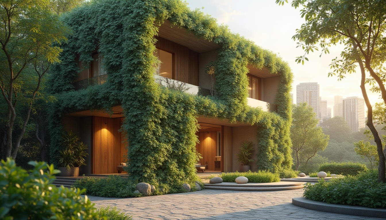 Prompt: Chukum material, sustainable design, eco-friendly, modern architecture, building facade, green walls, urban landscape, cityscape, morning light, soft focus, shallow depth of field, natural texture, organic structure, minimalist composition, warm ambient lighting, 3/4 camera angle, subtle color palette.