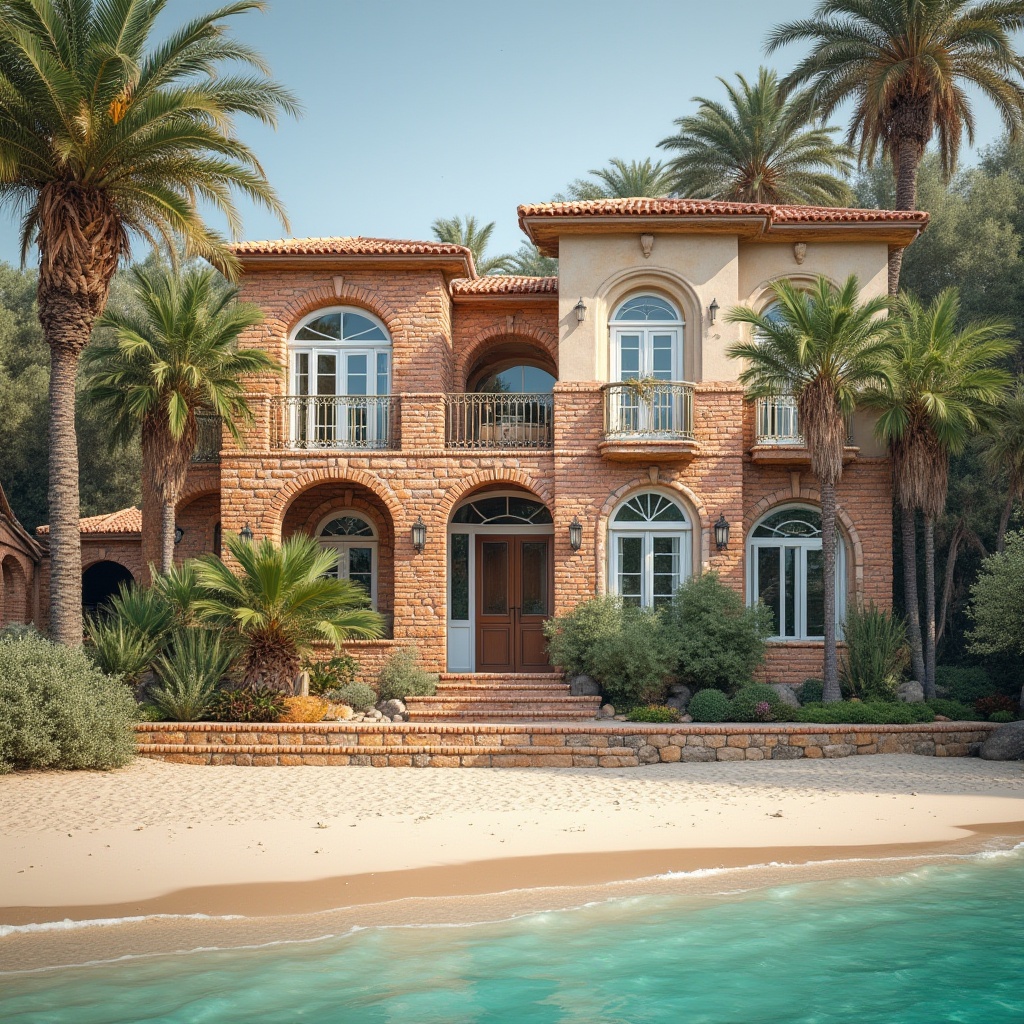 Prompt: Beach architecture, Mediterranean-style villa, brick exterior walls, rough-textured red bricks, white windows, curved arches, ornate doors, tropical plants, palm trees, sandy beach, clear turquoise water, sunny day, warm soft lighting, low-angle shot, 3/4 composition, rustic texture, natural material, earthy tone.