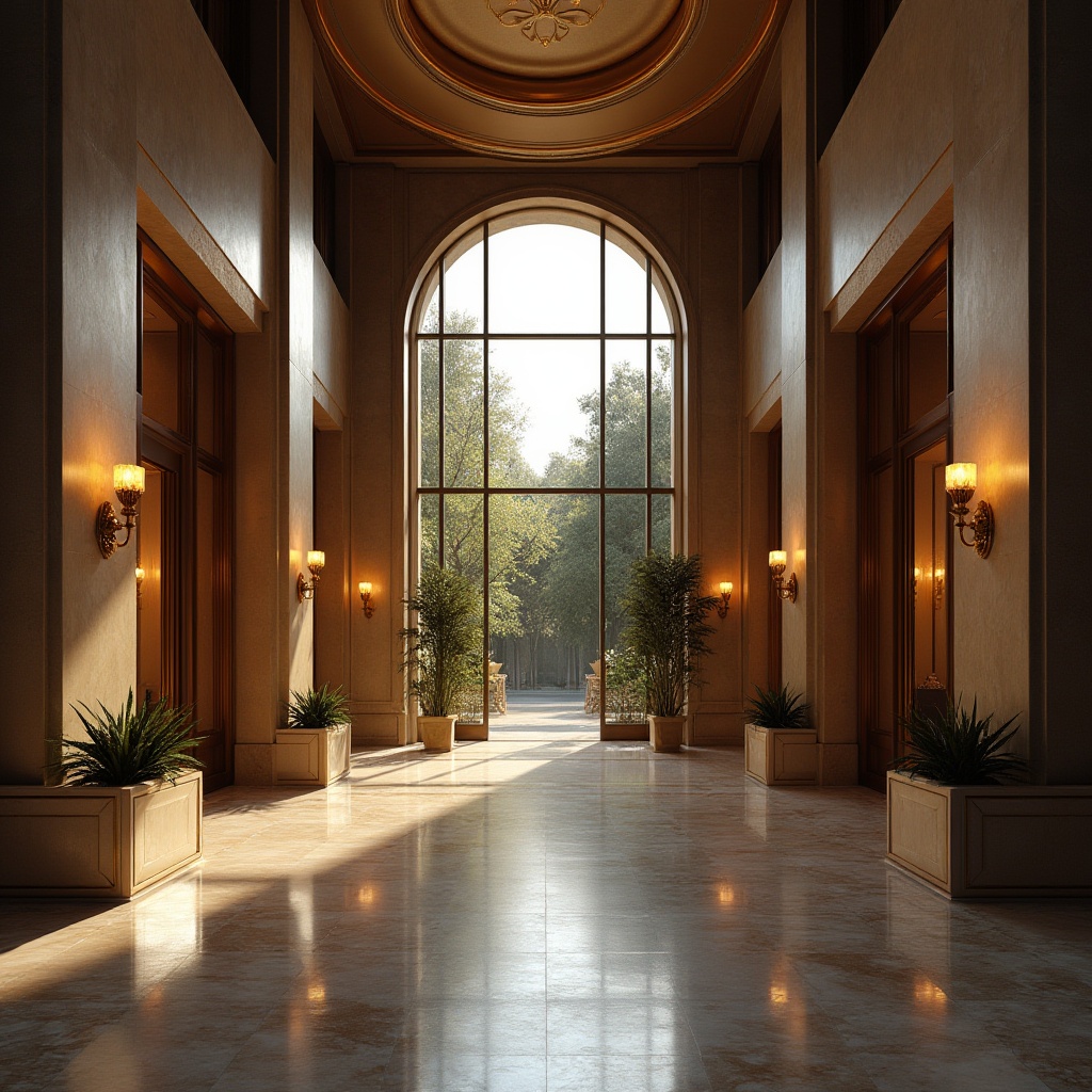 Prompt: Bronze color, luxurious, modern architecture, grand entrance, high ceiling, large windows, bronze door handles, bronze lamp posts, stone walls, marble floors, symmetrical composition, central axis, vertical lines, geometric shapes, metallic sheen, warm ambient lighting, evening shot, dramatic shadows, 3/4 composition, panoramic view.