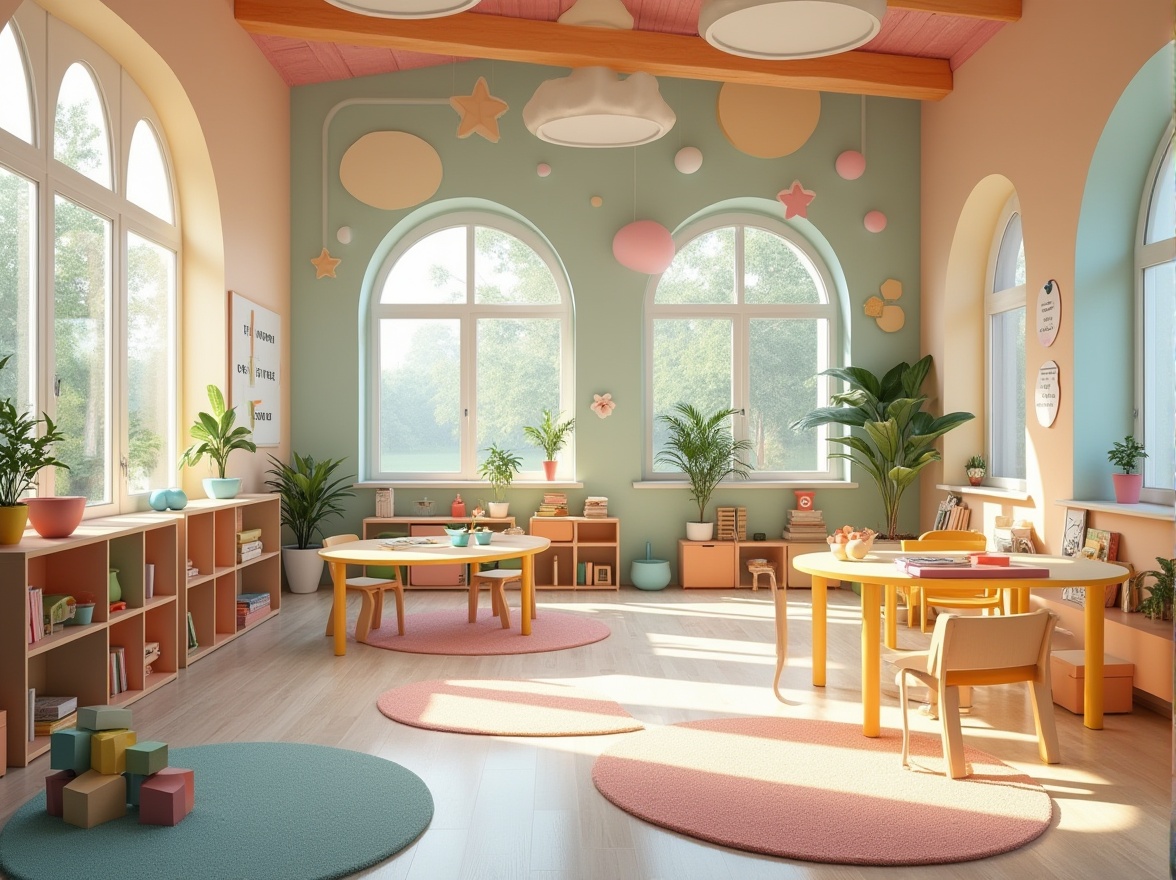 Prompt: Modern kindergarten, colorful walls, ergonomic furniture, interactive displays, minimalist shelving, circular tables, soft carpet flooring, natural light pouring in through large windows, green plants scattered throughout the room, inspirational quotes on walls, collaborative learning areas, cozy reading nooks, wooden blocks and toys, educational posters, playful lighting fixtures, whimsical ceiling designs, vibrant accent walls, circular rugs, soft pastel colors, joyful atmosphere, Scandinavian-inspired decor, 3/4 composition, bright and airy ambiance.