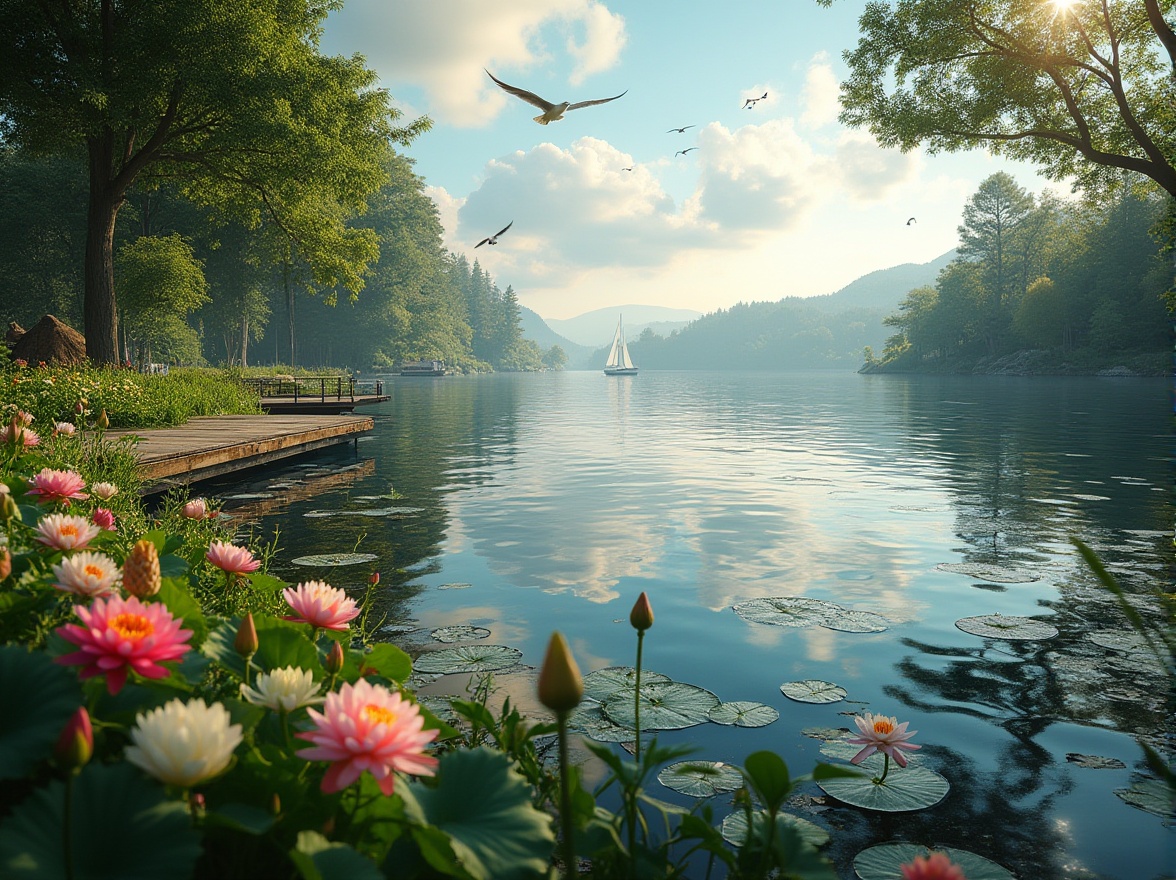 Prompt: Seren lakefront, peaceful atmosphere, lush greenery, tall trees, vibrant flowers, water lilies, gentle ripples, calm lake surface, wooden dock, sailboats, seagulls flying overhead, warm sunlight, soft shadows, 3/4 composition, shallow depth of field, natural colors, realistic texture, ambient lighting, cinematic mood.