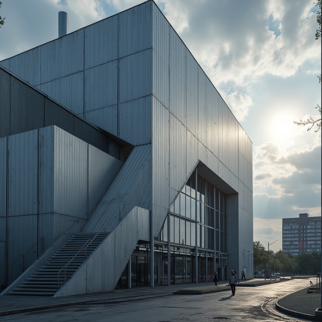 Prompt: Modern galvanized steel structure, sleek industrial design, metallic luster, silver-gray tone, corrugated surface texture, intricate welding details, angular lines, minimalist composition, urban cityscape background, cloudy sky with sun peeking through, dramatic contrast between light and shadow, low-angle shot, cinematic atmosphere, high-key lighting.