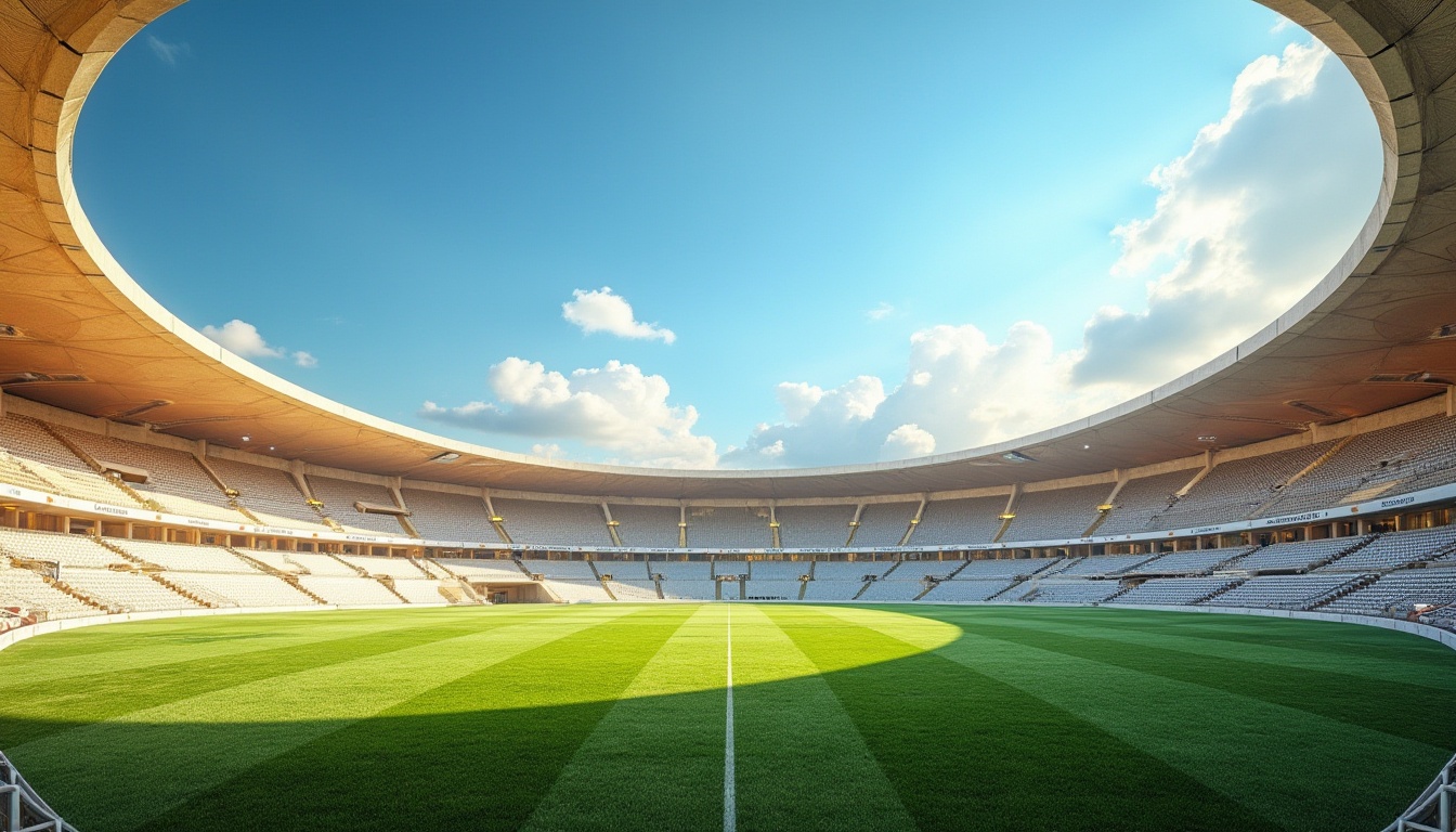 Prompt: Stadium architecture, modern design, curved lines, sand-casted materials, beige color, rough texture, outdoor seating area, grandstand, sports field, green grass, clear blue sky, few white clouds, sunny day, warm lighting, 3/4 composition, panoramic view, dramatic shadows, majestic atmosphere.