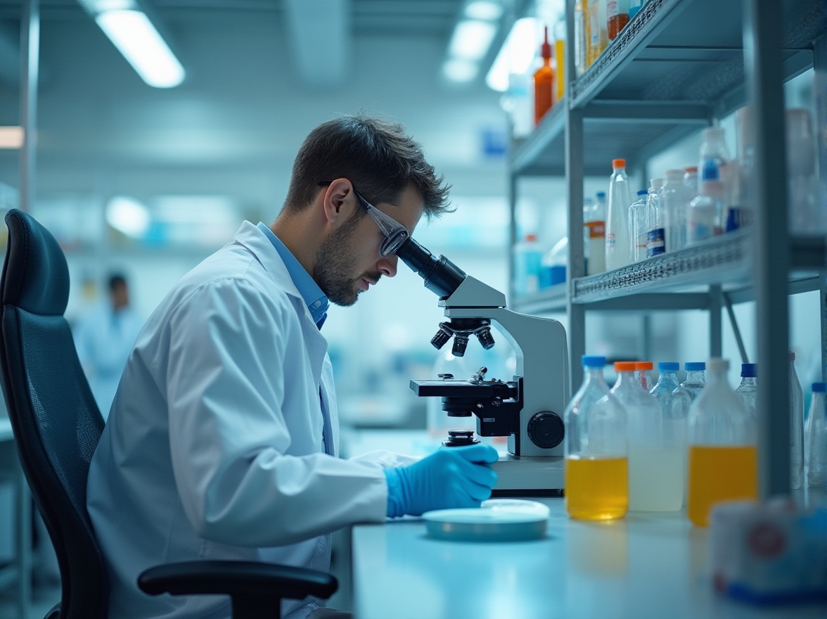 Prompt: Polyethylene material, modern laboratory, scientist, microscope, test tubes, petri dishes, various chemicals, white lab coat, goggles, gloves, ergonomic chair, metal shelves, fluorescent lighting, detailed texture, reflection, transparent, industrial, clean background, shallow depth of field, realistic, softbox lighting, 3/4 composition.