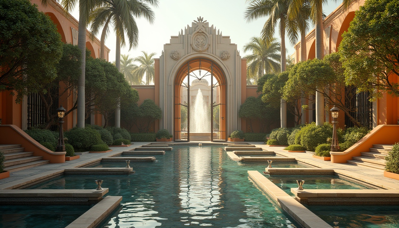 Prompt: Art Deco park, luxurious atmosphere, vibrant colors, geometric shapes, symmetrical composition, ornate iron gates, grand fountain, intricate stone carvings, lush greenery, tropical plants, palm trees, curved pathways, elegant street lamps, modern sculptures, metallic accents, reflective pools, stairs with ornate railings, panoramic view, low-angle shot, warm lighting, cinematic composition.