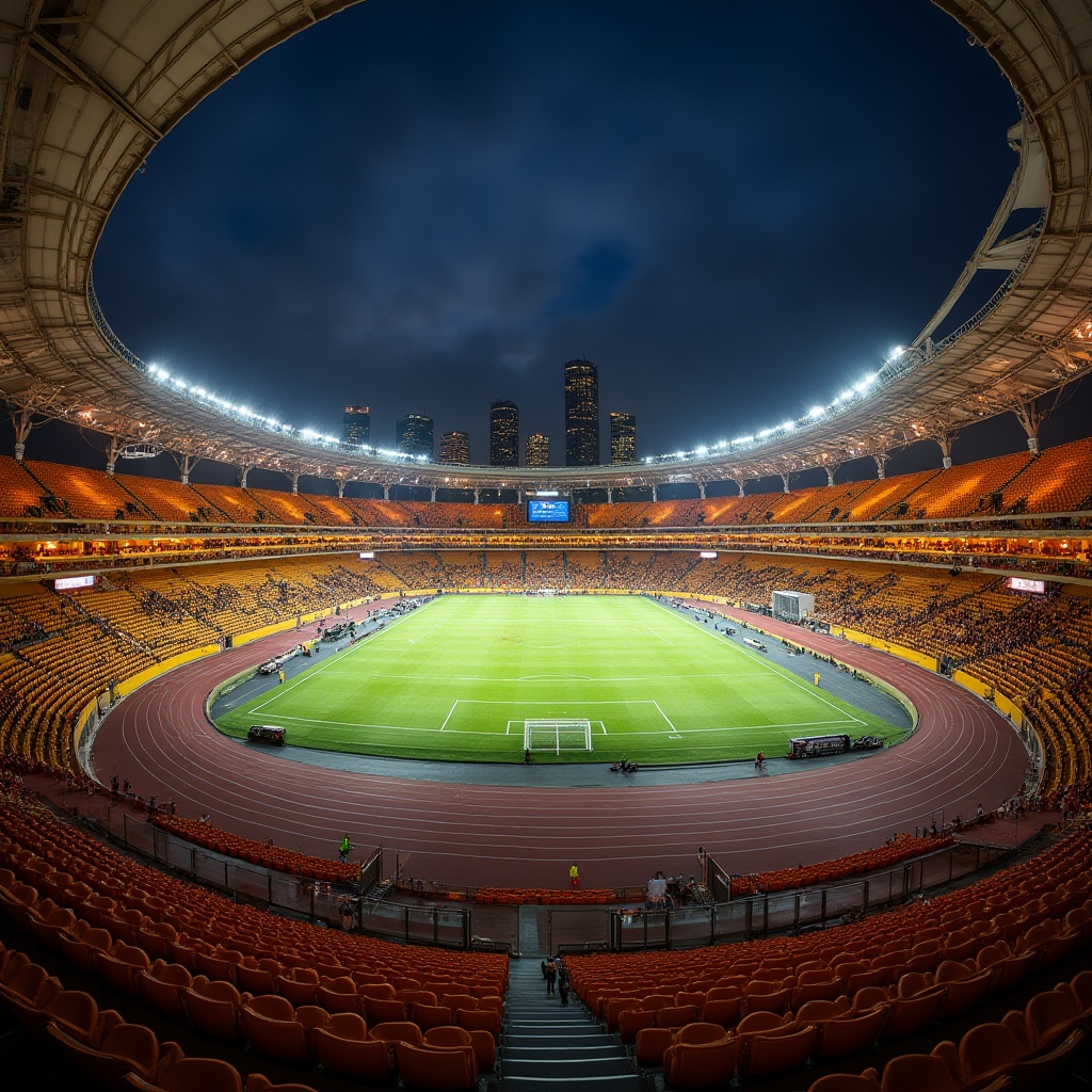 Prompt: Amber colored stadium, unique architecture, modern design, curved lines, angular structure, transparent roof, panoramic view, night scene, bright lighting, warm ambiance, urban landscape, cityscape, skyscrapers in background, crowded seats, football field, athletic tracks, sports equipment, dynamic atmosphere, 3/4 composition, low-angle shot, fish-eye lens.