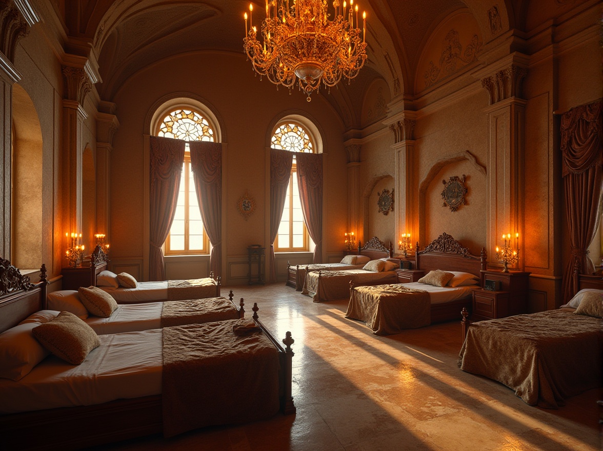 Prompt: Byzantine style dorm, golden ornate chandelier, soft warm candlelight, large windows with stained glass, intricate stone carvings on walls, ornate wooden beds, rich velvet curtains, majestic arches, solemn atmosphere, dramatic high ceiling, warm beige marble floor, subtle shadows, mystical ambient lighting, 3/4 composition, low-angle shot, sense of grandeur.